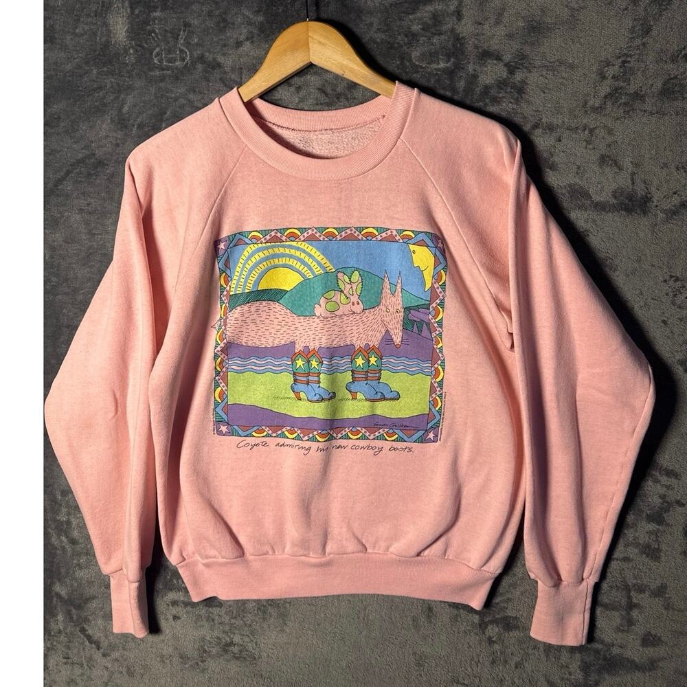 Vtg 1983 Sandy Gullikson Coyote Cowboy Boot Sweatshirt Pink Medium Southwest Art